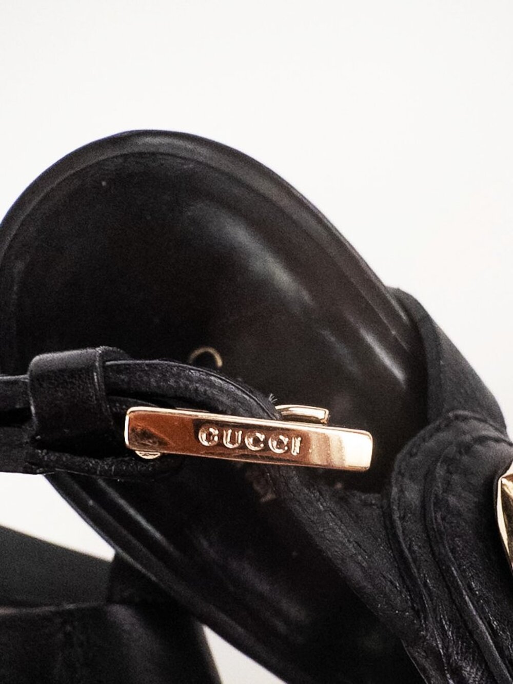 Gucci Double G Black Leather Ankle Strap Sandals Gold Logo Sz 39.5 - Picture 9 of 12